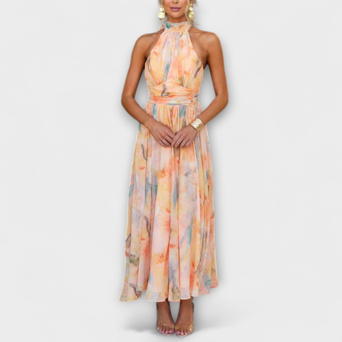 Elva | Halter-Neck Watercolour Print Maxi Dress